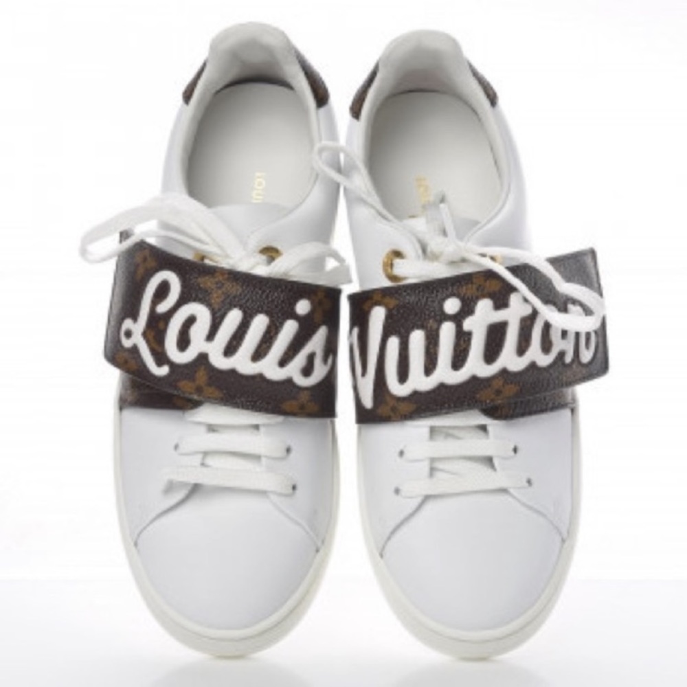 LOUIS VUITTON, Authentic Monogram Strap Front Row Low Top White Leather Sneakers